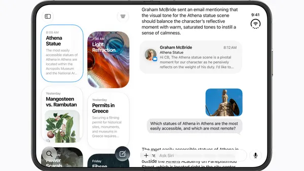 Giao diện ứng dụng độc lập Siri AI trên iOS 27 với không gian làm việc tương tác ngữ cảnh màn hình và các công cụ AI thế hệ mới