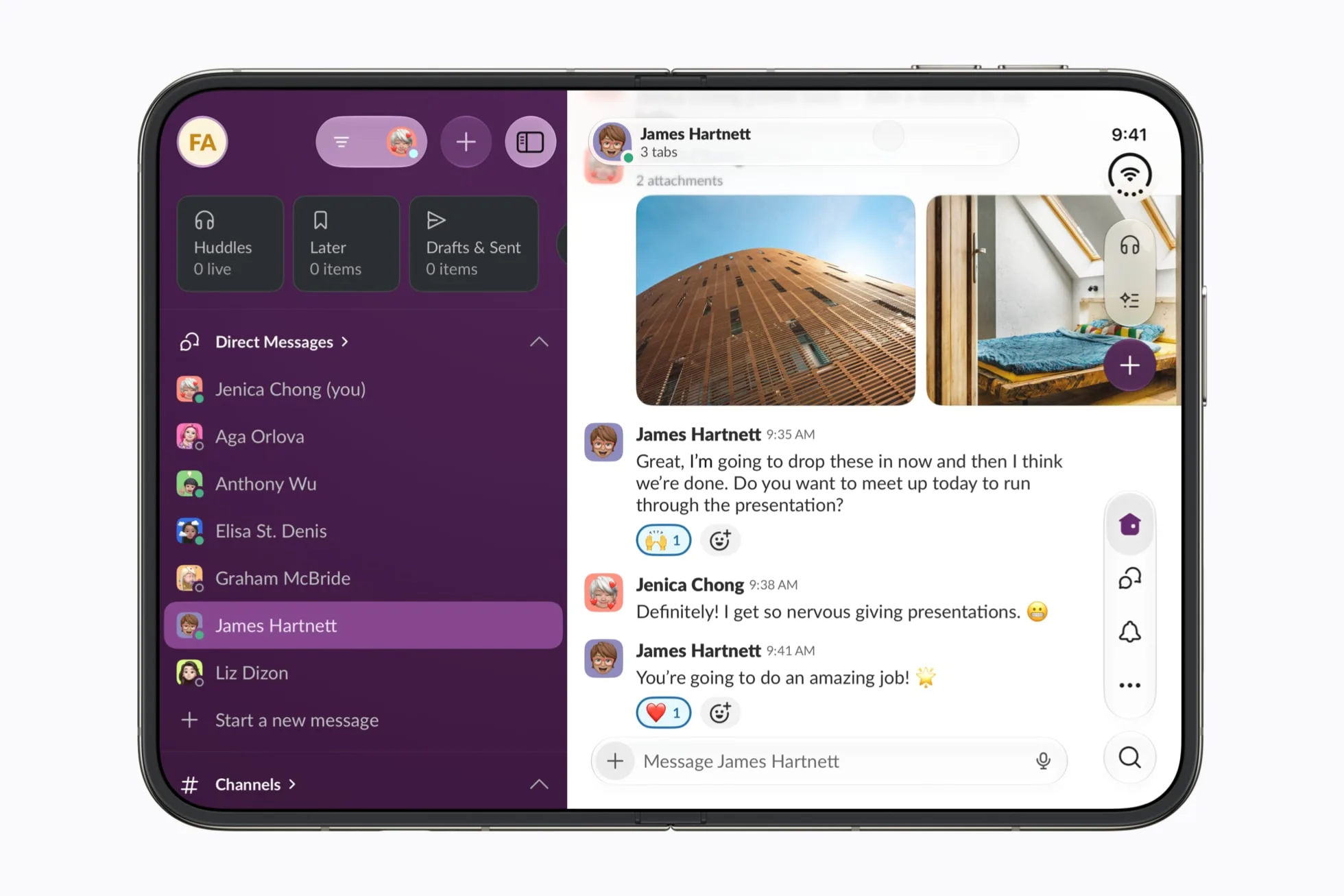 Ứng dụng Slack và Safari chạy song song trên màn hình lớn của iPhone Duo